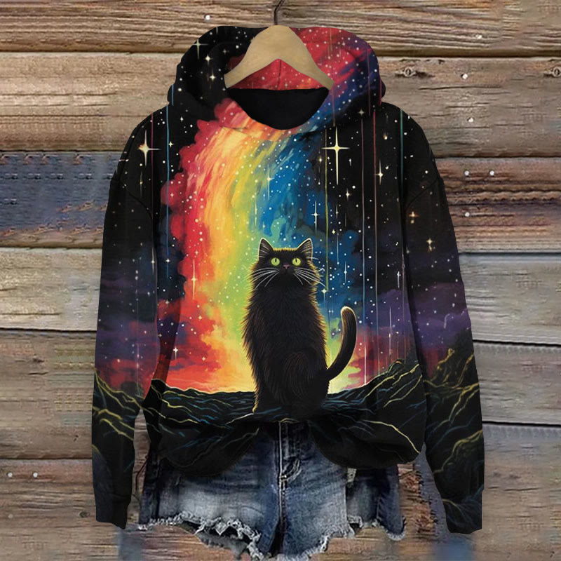 Black Cat Under Rainbow And Stars Print Long Sleeve Hoodie - Black - 8XL - image 1