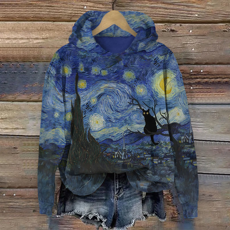 Funny Van Gogh The Starry Night Black Cat Oil Paintings Print Long Sleeve Hoodie - Blue - 8XL - image 1