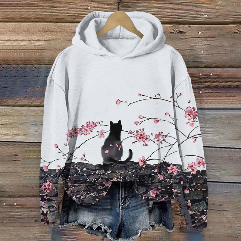 Japanese Style Plum Cat Ink Painting Art Print Long Sleeve Hoodie - White - 8XL - image 1