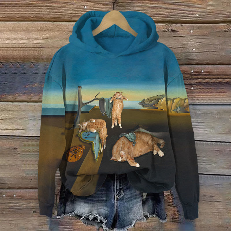 Funny The Persistence Of Memory Fat Cat Print Long Sleeve Hoodie - Multicolor - 8XL - image 1