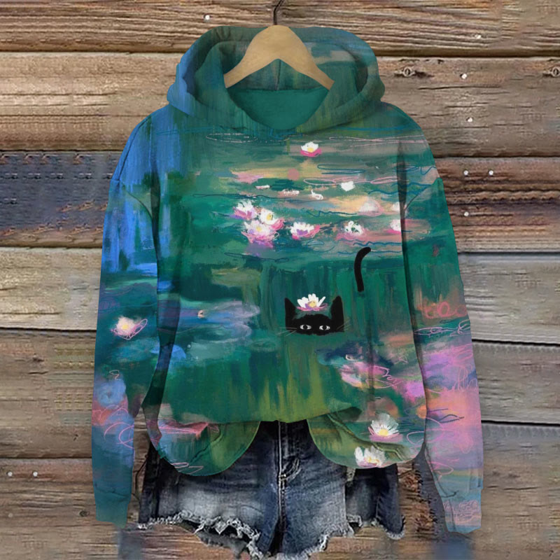 Funny Black Cat In Claude Monet's Waterlily Painting Art Print Long Sleeve Hoodie - Green - 8XL - image 1