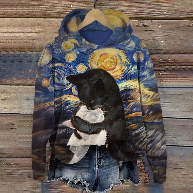 Cats Embrace At Starry Night Art Print Long Sleeve Hoodie - Multicolor - 8XL - image 1