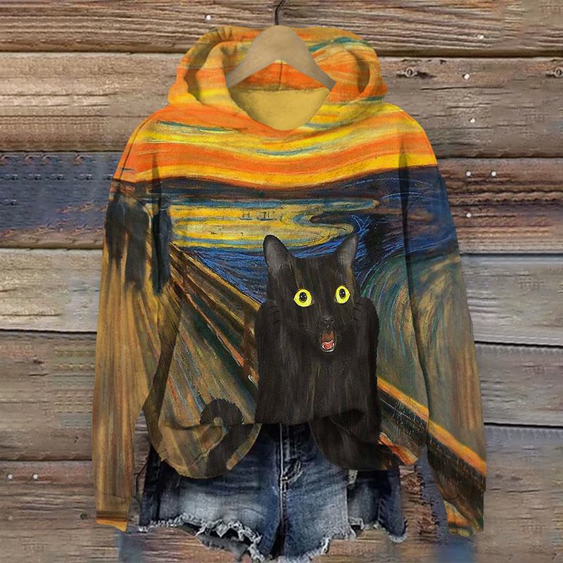 Funny Screaming Black Cat Art Print Long Sleeve Hoodie - Multicolor - 8XL - image 1