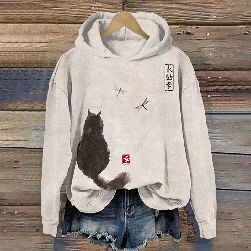 Ink Painting Black Cat Japanese Art Print Long Sleeve Hoodie - Apricot - 8XL - image 1