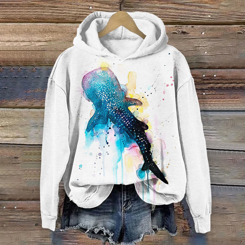 Watercolor Sfumato Whale Shark Print Long Sleeve Hoodie - White - 8XL - image 1