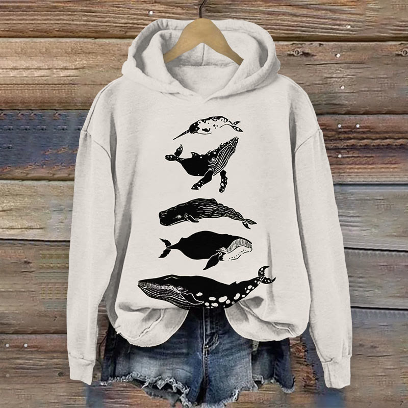 Species Of Whales Japanese Lino Art Vintage Print Long Sleeve Hoodie - Apricot - 8XL - image 1