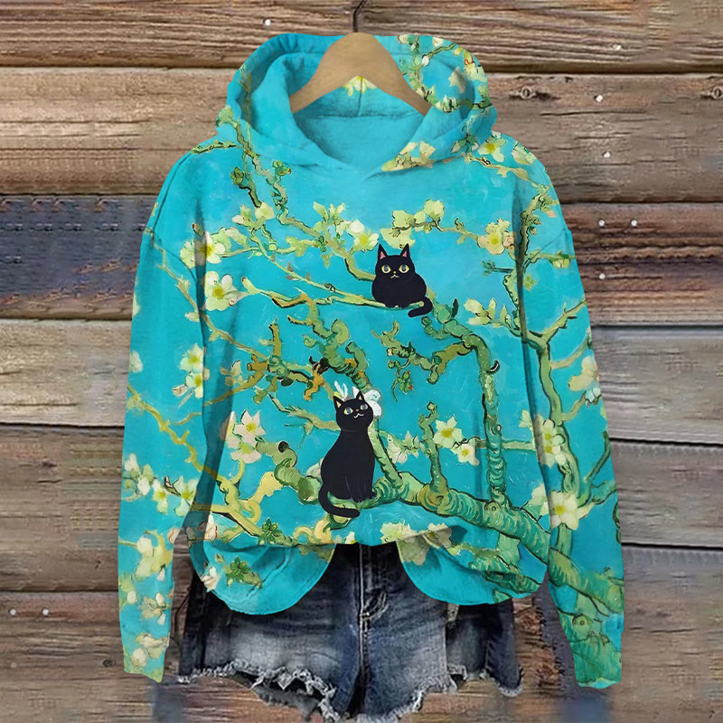 Van Gogh Almond Blossoms Cat Art Print Long Sleeve Hoodie - Lake Blue - 8XL - image 1