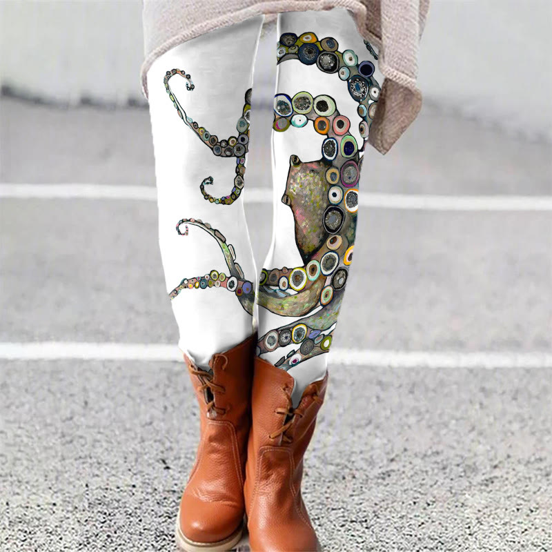 Colorful Octopus Oil Painting Print Leggings - White - 5XL - image 4
