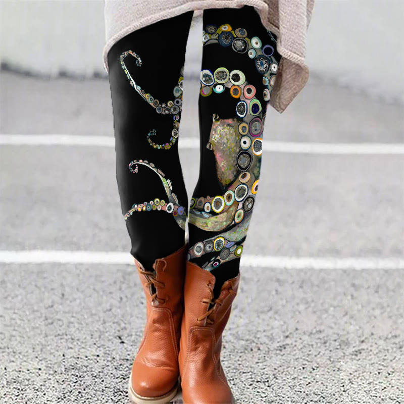 Colorful Octopus Oil Painting Print Leggings - Black - 5XL - image 3