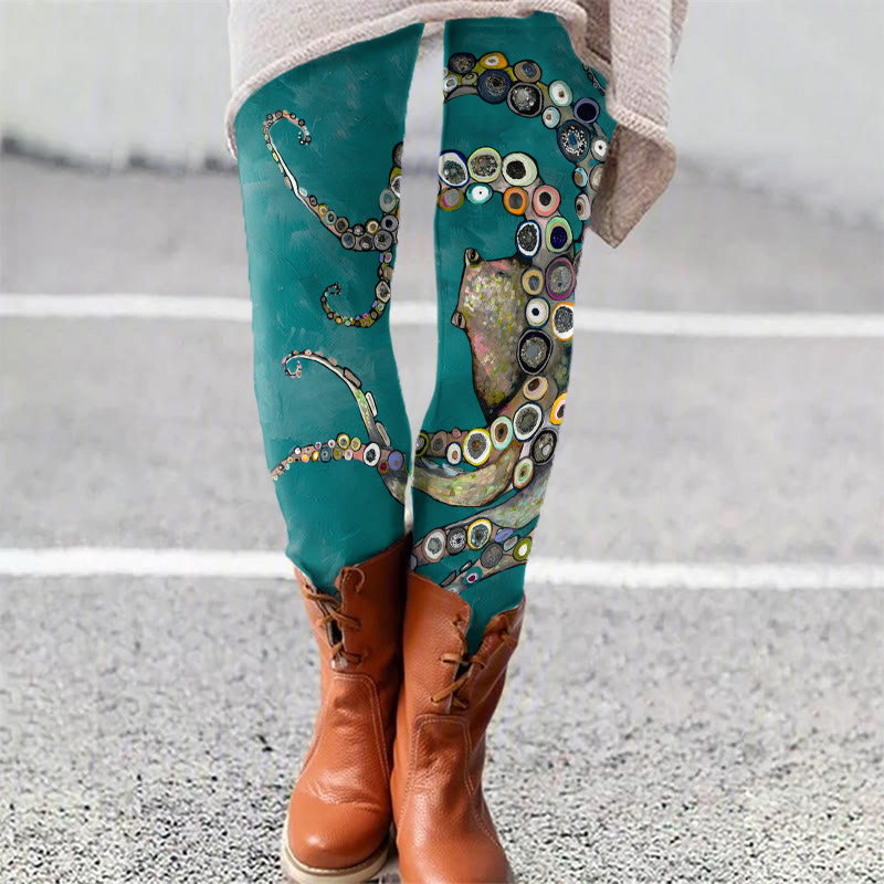 Colorful Octopus Oil Painting Print Leggings - Lake Blue - 5XL - image 1