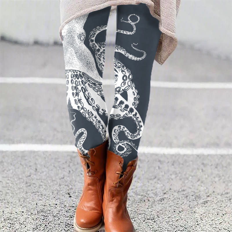 Japanese Art Octopus Graphic Print Leggings - Grey - 5XL - image 1