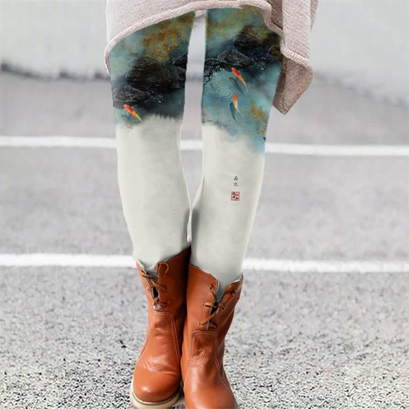 Japanese Goldfish Contrasting Print Leggings - White - 5XL - image 1