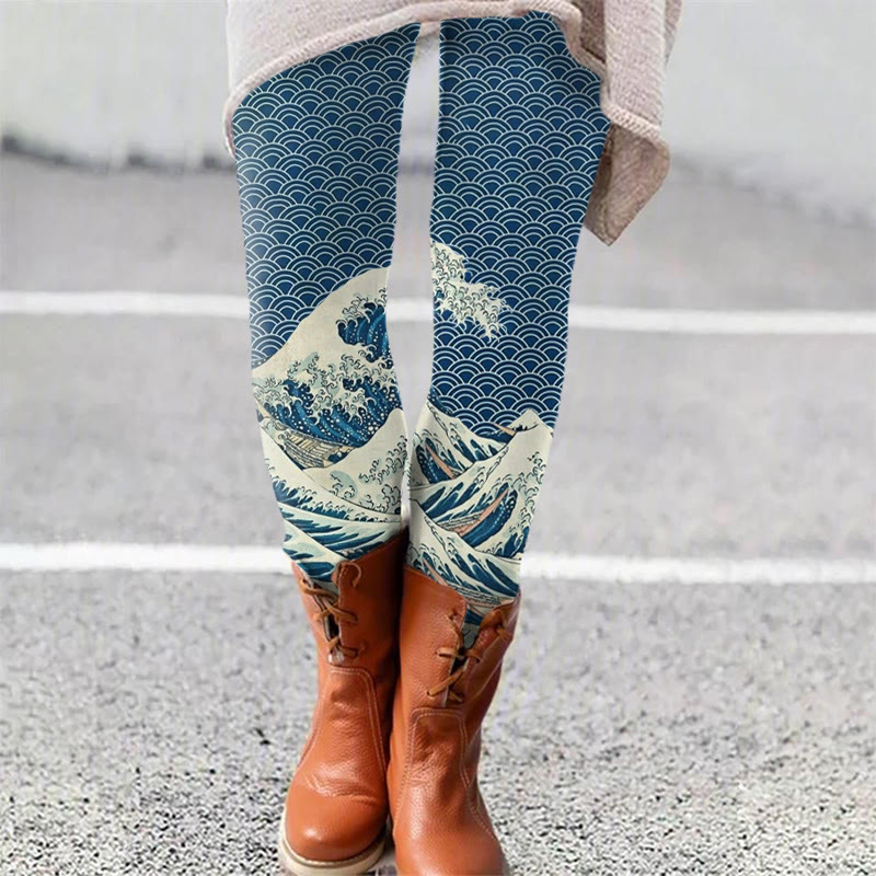 The Great Wave Off Kanagawa Inspired Japanese Art Print Leggings - Blue - 5XL - image 1