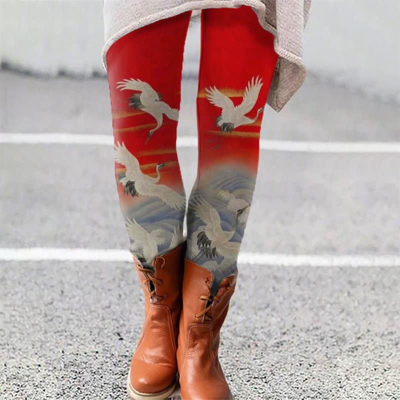 Japanese Crane Art Ink Painting Leggings - Red - 5XL - image 1