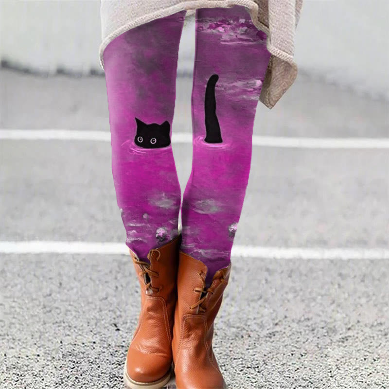Women's Oil Painting Cat Print Leggings - Purple - 5XL - image 2