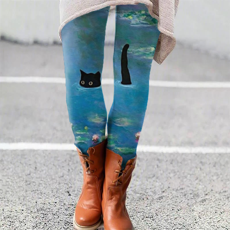 Women's Oil Painting Cat Print Leggings - Blue - 5XL - image 1