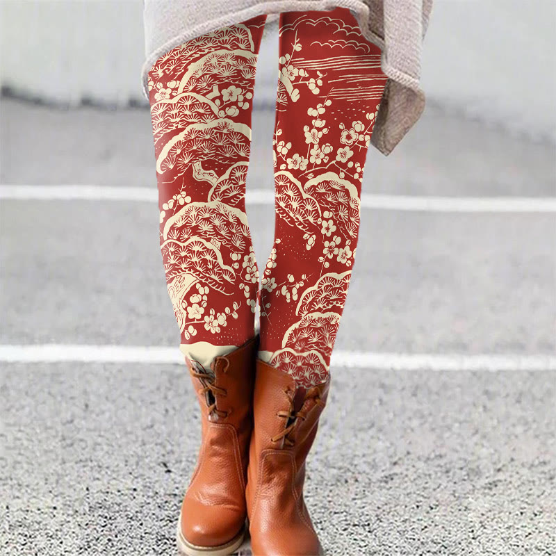 Women's Japanese Art Plum Blossom Art Print Leggings - Red - 5XL - image 1