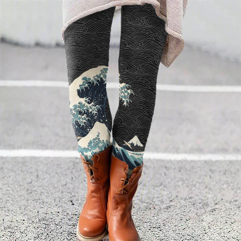Japanese Wave Inspired Graphic Vintage Print Leggings - Black - 5XL - image 1