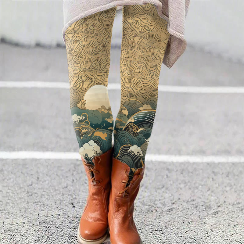 Ancient Japanese Style Wave Print Leggings - Khaki - 5XL - image 1