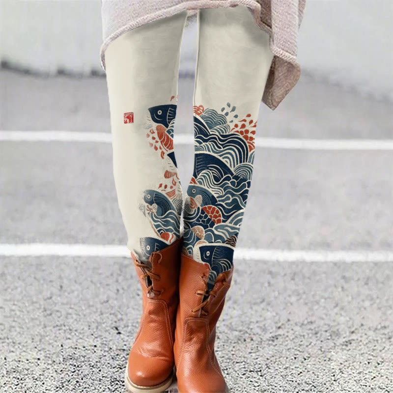 Japanese Art Carp Print Leggings - Beige - 5XL - image 1