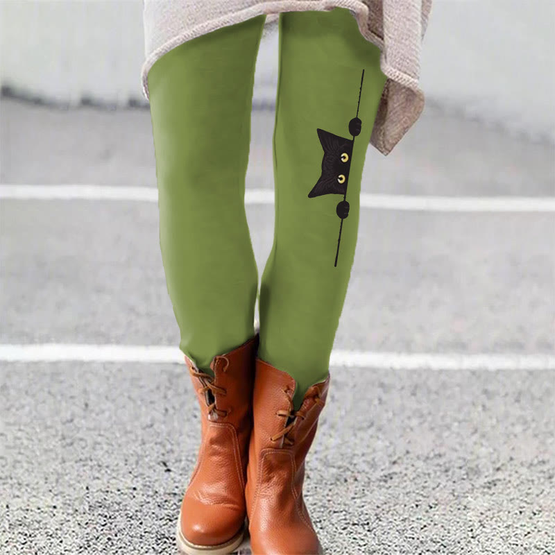 Casual Black Cat Print Leggings - Green - 5XL - image 1