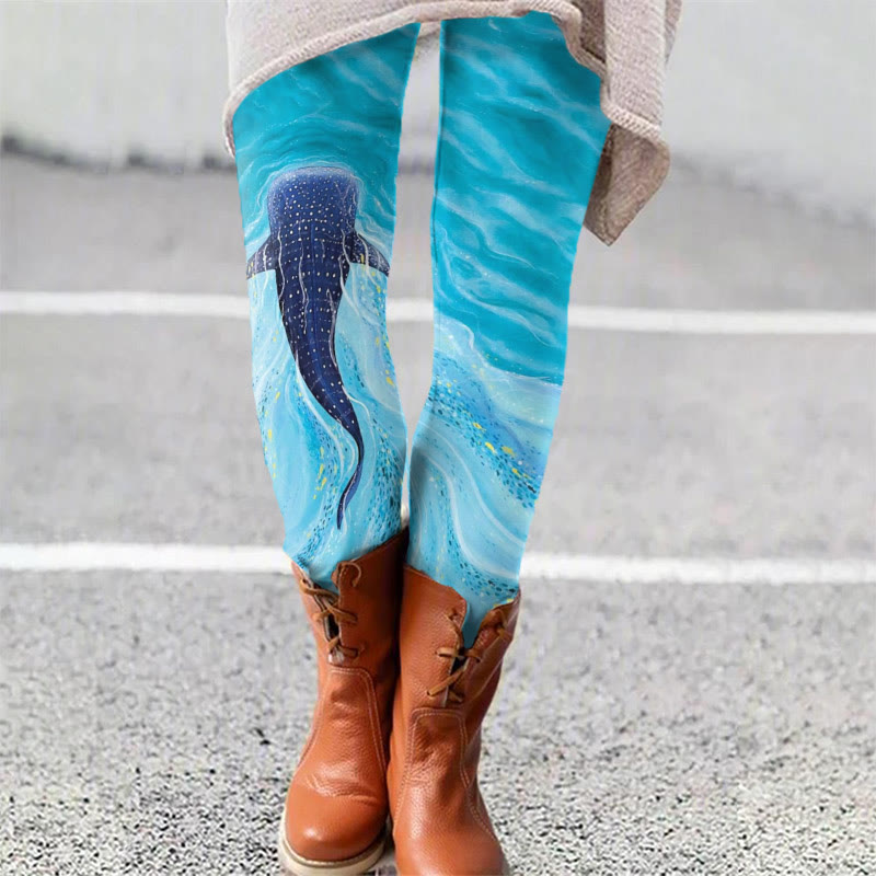 Ombre Whale Art Print Leggings - Sky Blue - 5XL - image 1