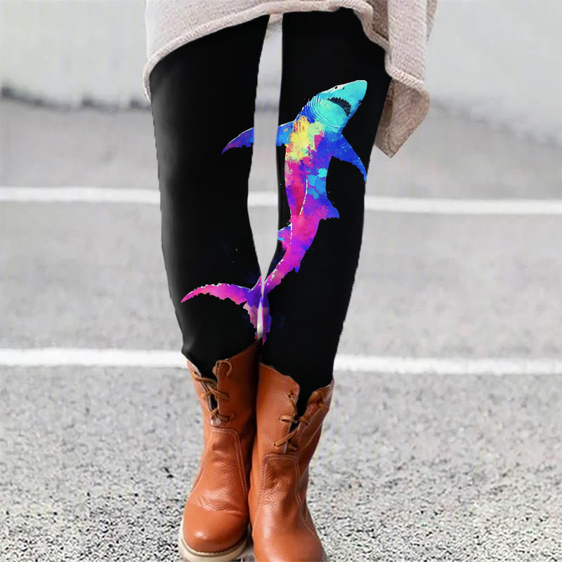 Multicolor Shark Art Print Leggings - Black - 5XL - image 1