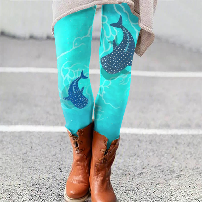 Two Whale Sharks On The Sea Floor Print Leggings - Lake Blue - 5XL - image 1