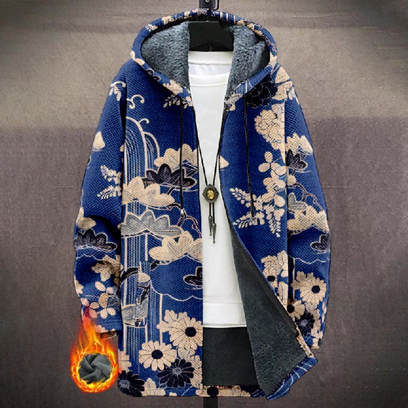 Retro Floral And Cloud Pattern Print Unisex Plush Thick Long-sleeved Fleece Jacket Coat - Blue - 5XL - image 1