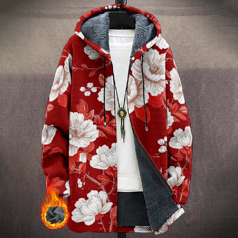 Retro White Peony Blossom Art Print Unisex Plush Thick Long-sleeved Fleece Jacket Coat - Red - 5XL - image 1