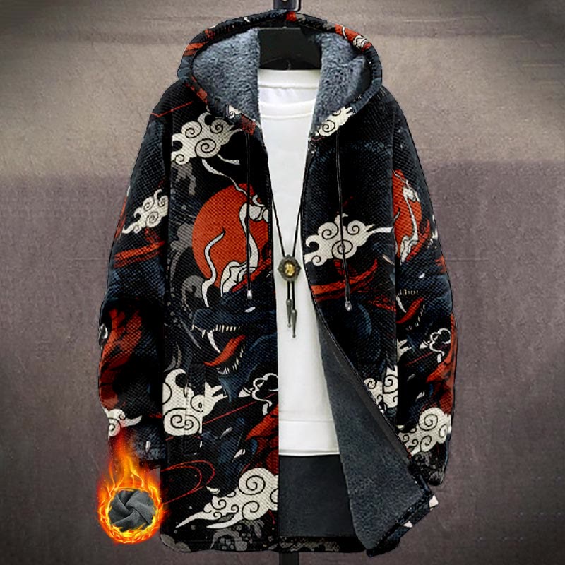 Japanese Mystical Dragon Pattern Print Unisex Plush Thick Long-sleeved Fleece Jacket Coat - Multicolor - 5XL - image 1