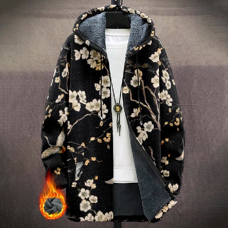 Retro Cherry Blossom Elegance Print Unisex Plush Thick Long-sleeved Fleece Jacket Coat - Black - 5XL - image 1
