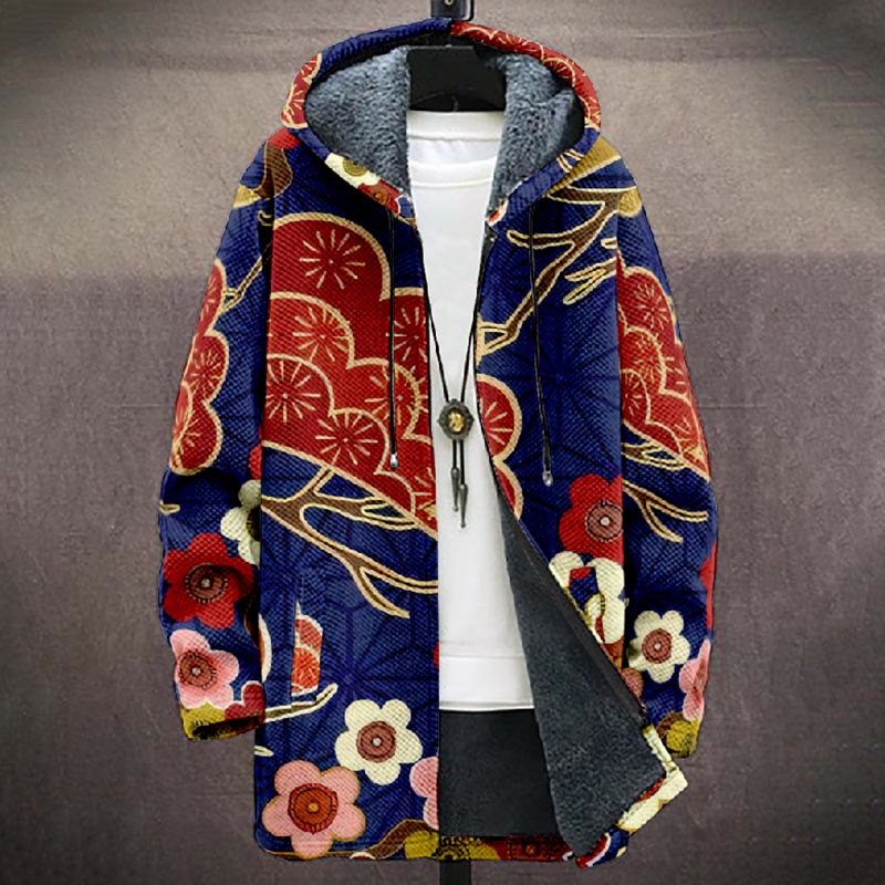 Japanese Style Vibrant Floral Print Unisex Plush Thick Long-sleeved Fleece Jacket Coat - Red - 5XL - image 1