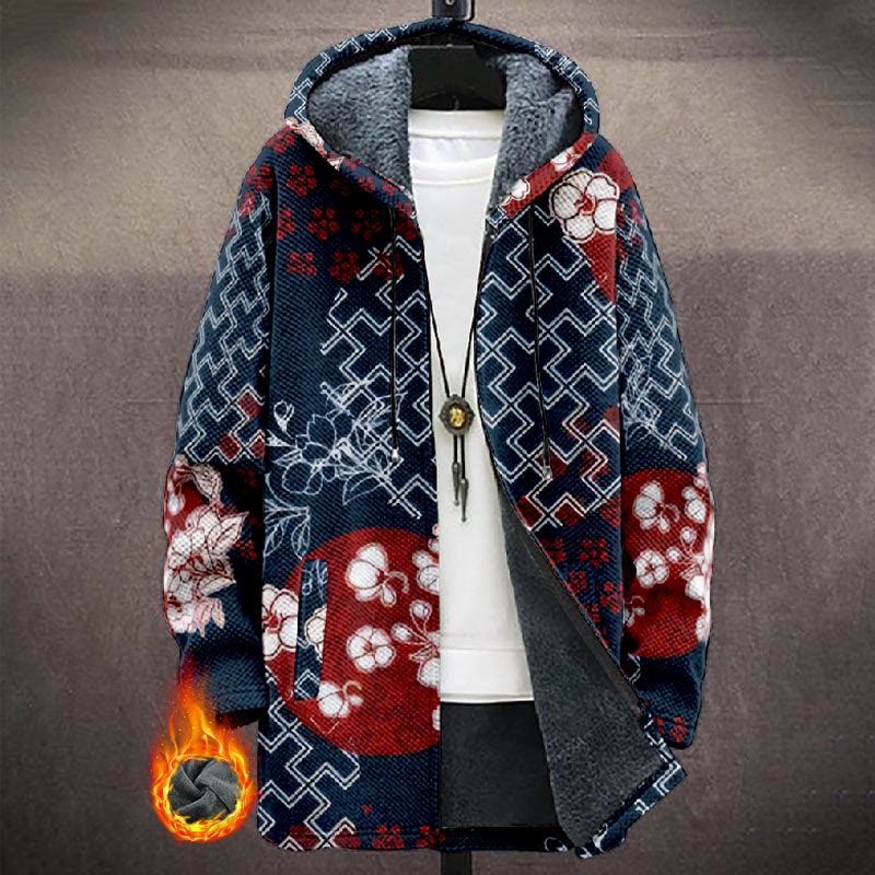 Japanese Geometric Sakura Art Print Unisex Plush Thick Long-sleeved Fleece Jacket Coat - Blue - 5XL - image 1
