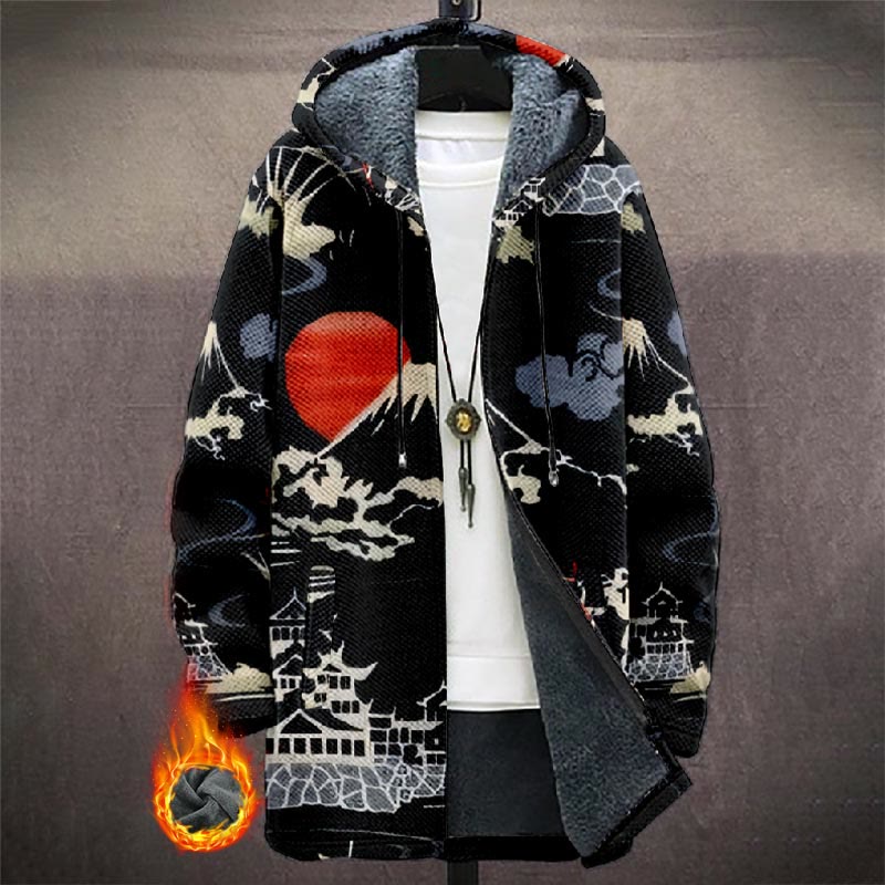 Japanese Moonlight Village Pattern Print Unisex Plush Thick Long-sleeved Fleece Jacket Coat - Black - 5XL - image 1