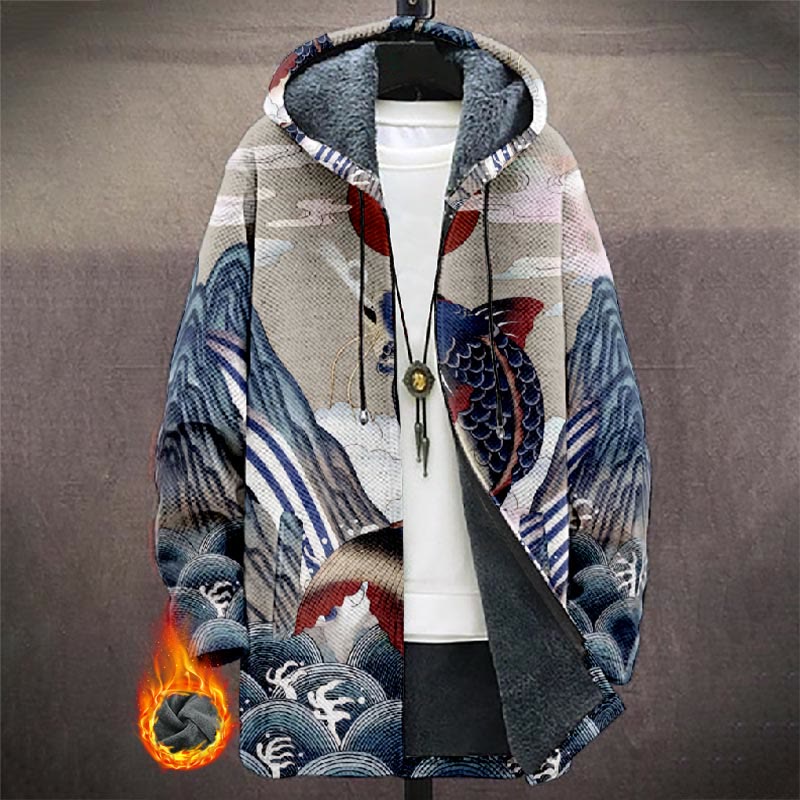 Japanese Abstract Wave ＆ Koi Fish Print Unisex Plush Thick Long-sleeved Fleece Jacket Coat - Blue - 5XL - image 1