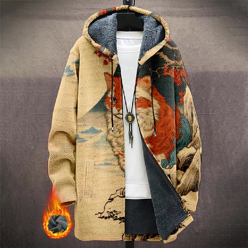 Japanese Mystic Civet Cat Pattern Print Unisex Plush Thick Long-sleeved Fleece Jacket Coat - Khaki - 5XL - image 1