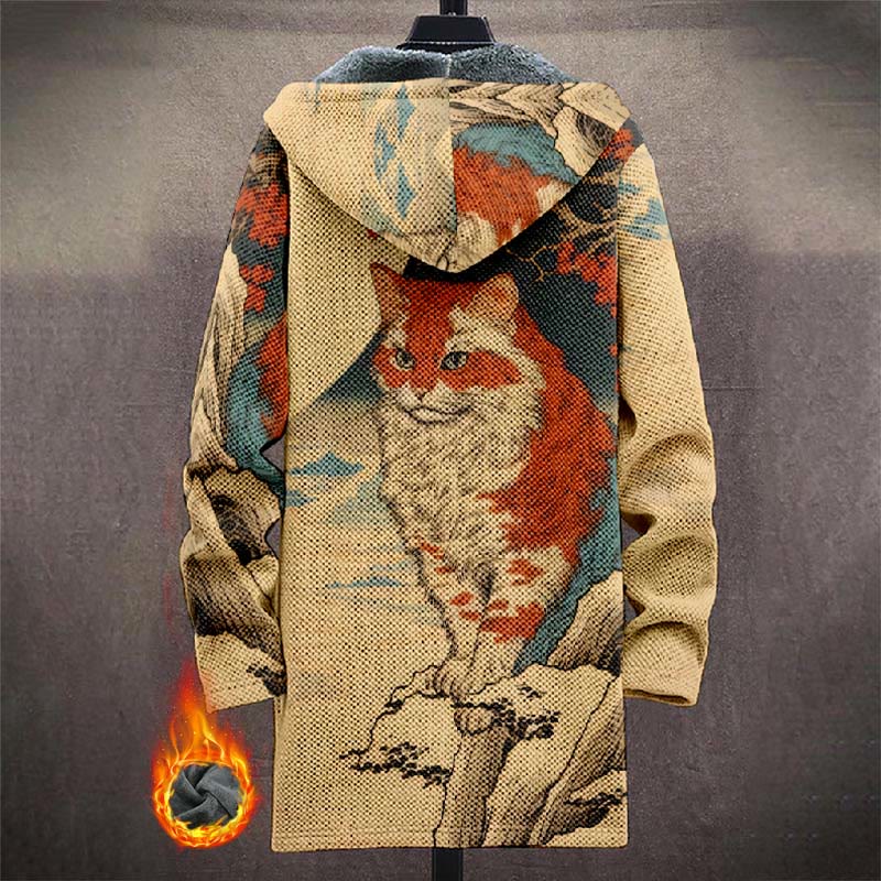Japanese Mystic Civet Cat Pattern Print Unisex Plush Thick Long-sleeved Fleece Jacket Coat - image 3