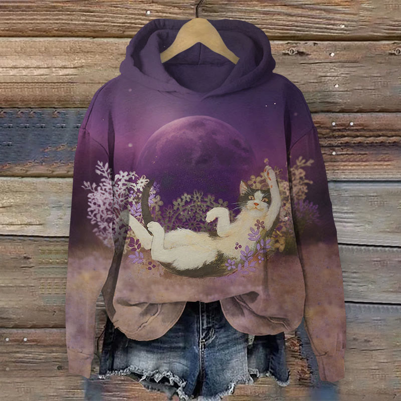 Japanese Style Purple Floral Cat Art Print Long Sleeve Hoodie - Purple - 8XL - image 1