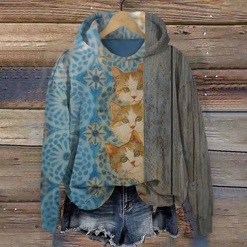 Japanese Traditional Pattern Peeking Cat Art Print Long Sleeve Hoodie - Multicolor - 8XL - image 1