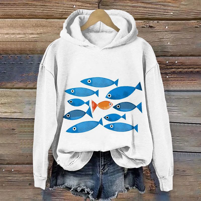 Minimalist Creative Contrast Color Countercurrent Fish Print Long Sleeve Hoodie - White - 8XL - image 1