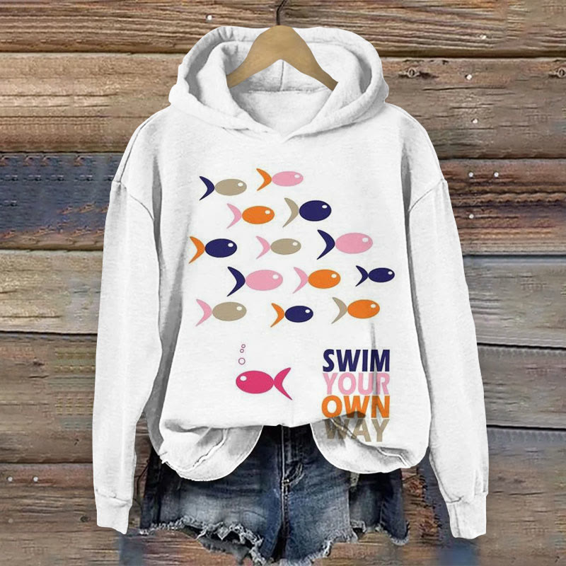 Minimalist Color Block Swim Your Own Way Countercurrent Fish Print Long Sleeve Hoodie - White - 8XL - image 1