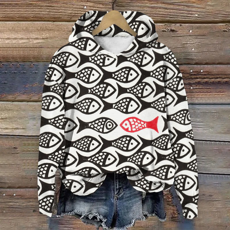 Minimalist Swim Against The Tide Fish Line Art Print Long Sleeve Hoodie - Black - 8XL - image 1