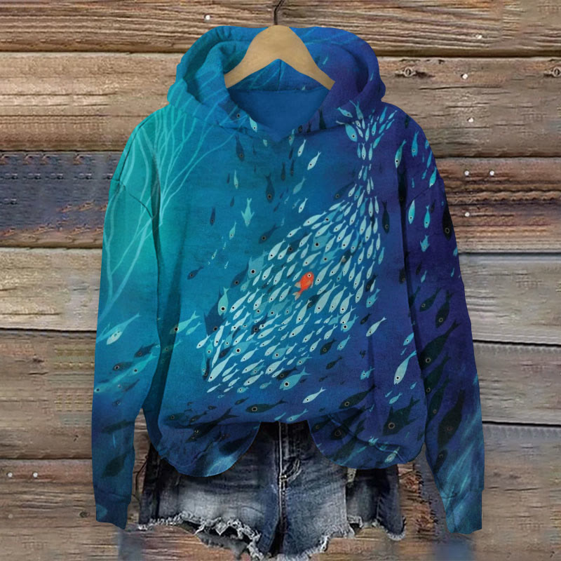 Ombre Swim Against The Tide Fish Art Print Long Sleeve Hoodie - Blue - 8XL - image 1