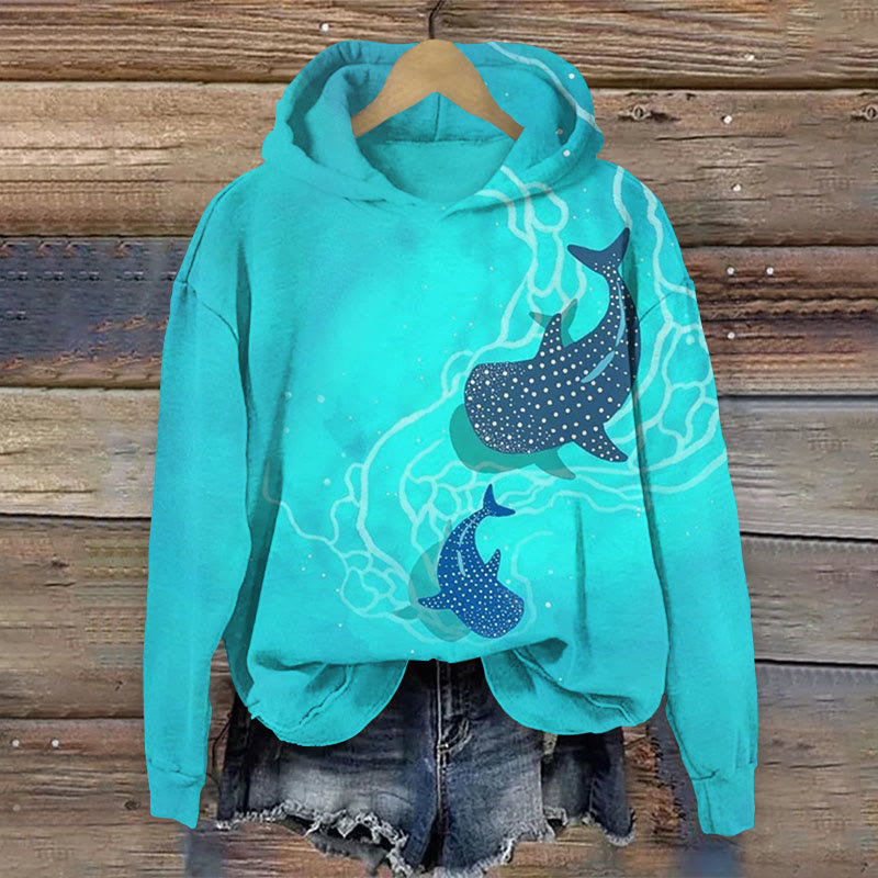 Two Whale Sharks On The Sea Floor Print Long Sleeve Hoodie - Lake Blue - 8XL - image 1