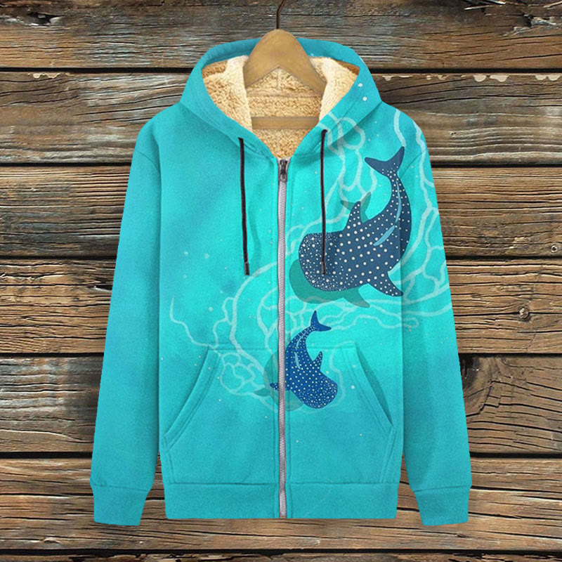 Two Whale Sharks On The Sea Floor Print Fleece Jacket - Blue - 4XL - image 1