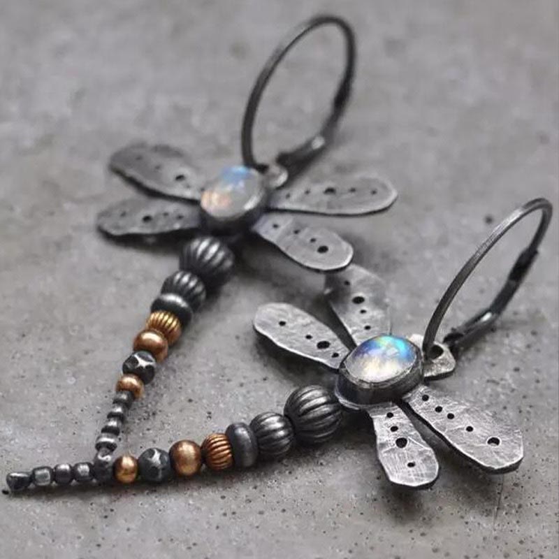 Retro Design Distressed Moonstone Dragonfly Earrings - image 2