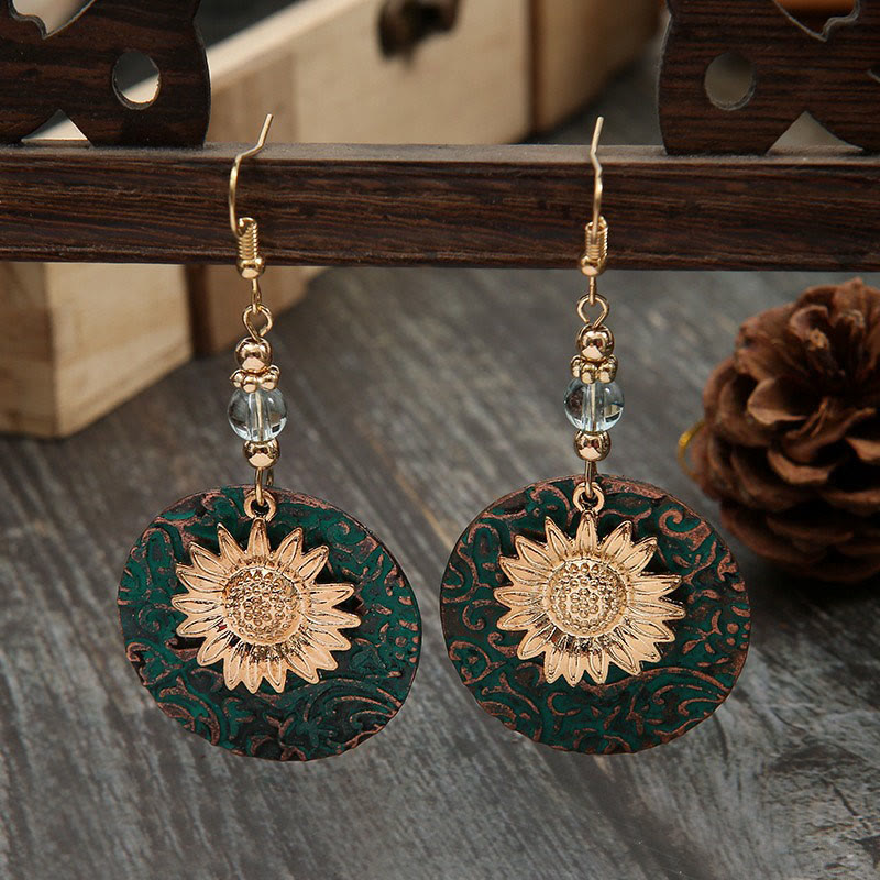 Retro Bohemian Colorblock Double-layer Sunflower Pattern Earrings - image 3