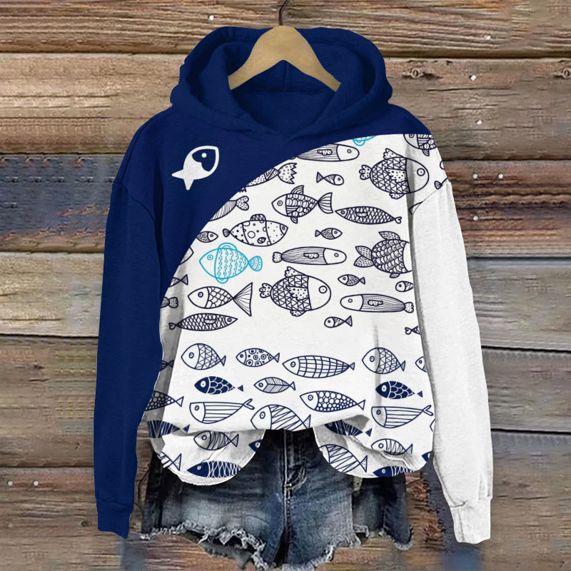 Cute Color Matching Minimalist Fish Print Long Sleeve Hoodie - White - 8XL - image 1
