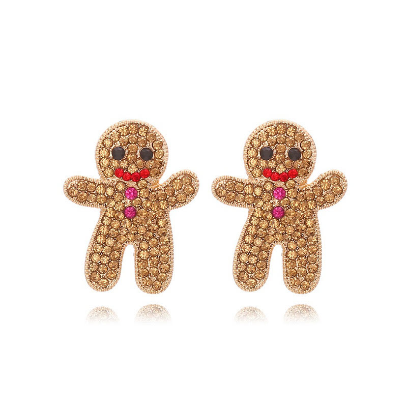 Sweet And Cute Full Diamond Christmas Gingerbread Man Earrings - Brown - one size - image 1